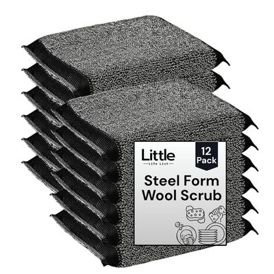 Little Life List - Steel Form Scrub Sponges, Scrubber Pad for Cleaning Kitchen, Utensils, Vessels, Tile and Car, Grey, Pack of 12