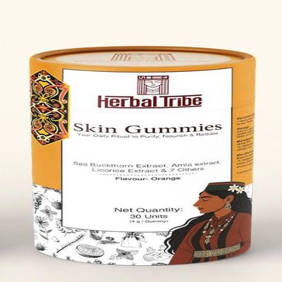 Herbal Tribe Skin Gummies with sea buckthorn extract,Amla Extract, Licorice Extract and 7 other Orange Flavored Plant-Based Supplement for Radiance and Glow, Brown, 30 Gummies