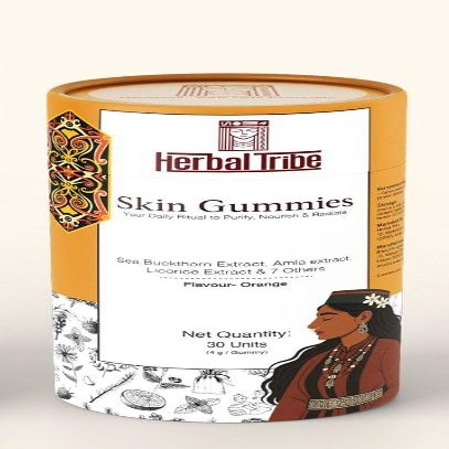 Herbal Tribe Skin Gummies with sea buckthorn extract,Amla Extract, Licorice Extract and 7 other Orange Flavored Plant-Based Supplement for Radiance and Glow, Brown, 30 Gummies