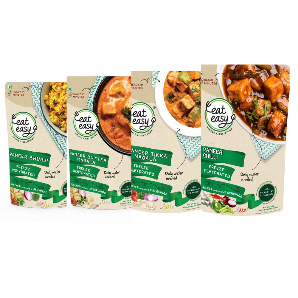 Eat Easy Ready to Eat Paneer Combo of 4- Veg Paneer Bhurji, Butter Masala, Chilli, Tikka Masala | Just Add Water and Cook | Freeze Dehydrated Instant Indian Food for Travel, Camping, Hostel, Flight