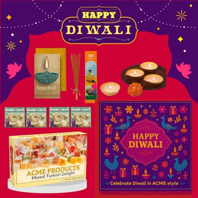 Acme Shubh Deepawali Gift Box | Share the Joy Diwali Gift Hamper | Diya Set | Perfect for Corporate Gifting | Gifts for Family and Friends | Diya Set | Turkish Delight 250g | Ginger Chews | Incence Sticks Pack | Greeting Card |