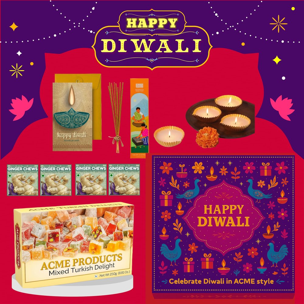 Acme Shubh Deepawali Gift Box | Share the Joy Diwali Gift Hamper | Diya Set | Perfect for Corporate Gifting | Gifts for Family and Friends | Diya Set | Turkish Delight 250g | Ginger Chews | Incence Sticks Pack | Greeting Card |