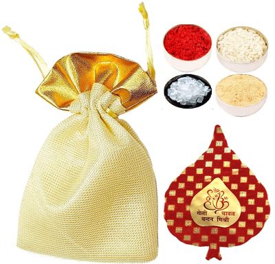 Bhai Dooj Tilak Gift Set with Roli, Chandan, Rice, Mishri Sugar in a Premium Gold Mesh Pouch for Bhaiya Tikka