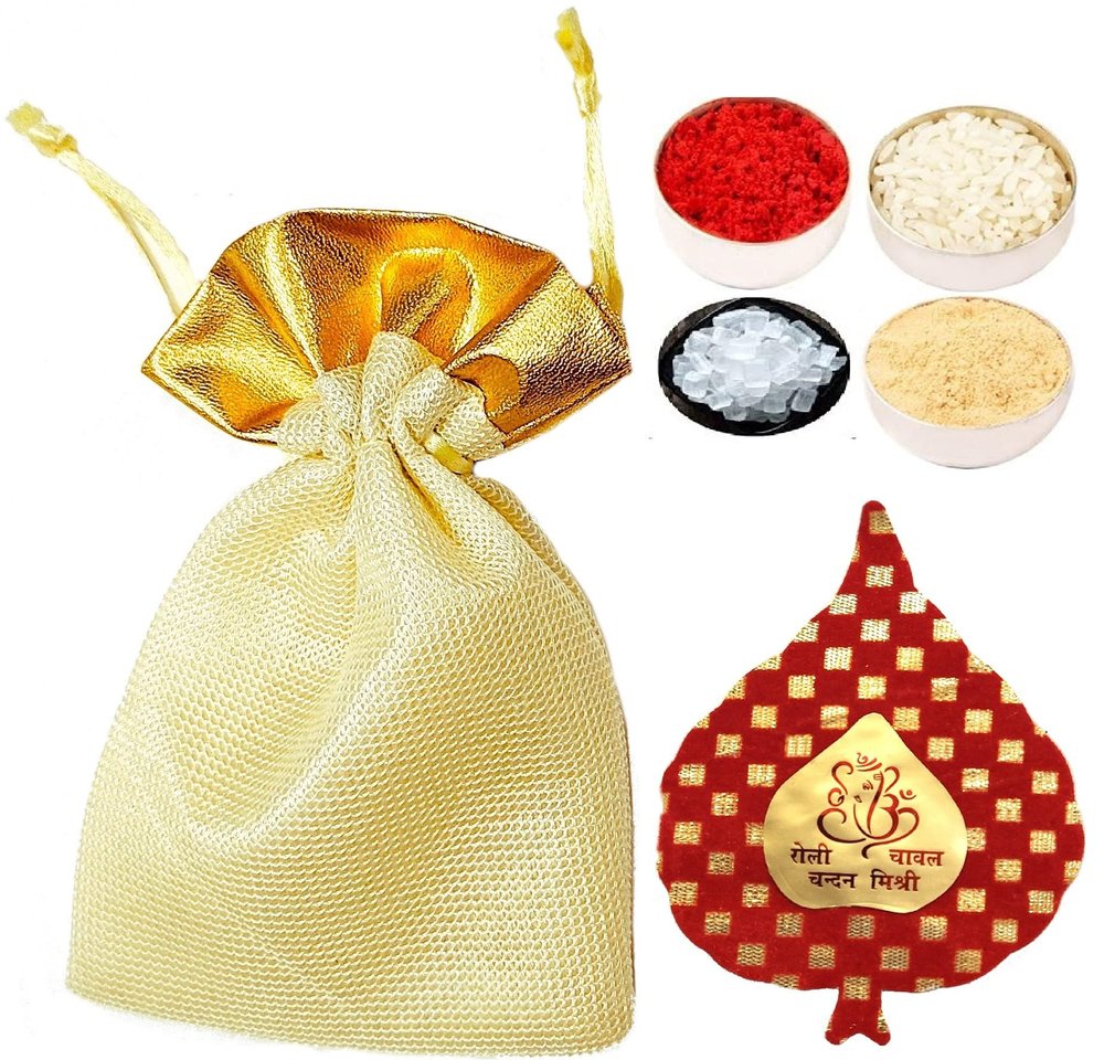 Bhai Dooj Tilak Gift Set with Roli, Chandan, Rice, Mishri Sugar in a Premium Gold Mesh Pouch for Bhaiya Tikka