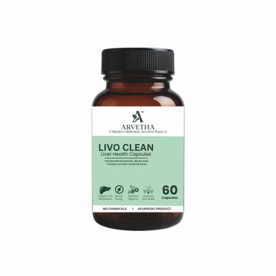 Arvetha Livo Clean Liver Detox Capsules for Fatty Liver, Digestion Support & metabolism booster, 100% Herbal Ayurvedic formula with Triphala, Improves Gut Health & Energy, 60 Veg Capsules Pack of 1