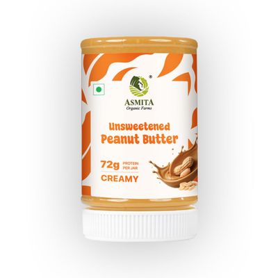 Asmita Organic Farms Creamy Peanut Butter Unsweetened 325g | Made with Roasted Peanuts | No Added Sugars or Salt | High Protein Spread | Cholesterol & Trans Fat Free | Healthy Breakfast Spread
