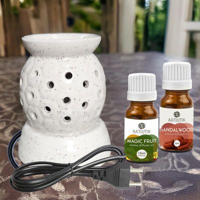 Aatiutik Ceramic Electric Aroma Diffuser | Handcrafted Oil Burner with 2 Aroma Oils | Ideal for Aromatherapy, Relaxation, and Home Decoration (Magic Fruit and Sandalwood Aroma Oil)