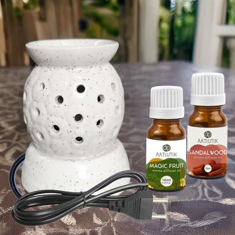 Aatiutik Ceramic Electric Aroma Diffuser | Handcrafted Oil Burner with 2 Aroma Oils | Ideal for Aromatherapy, Relaxation, and Home Decoration (Magic Fruit and Sandalwood Aroma Oil)