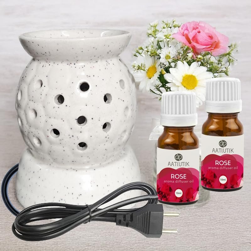 Aatiutik Ceramic Electric Aroma Diffuser | Handcrafted Oil Burner with 2 Aroma Oils | Ideal for Aromatherapy, Relaxation, and Home Decoration (2 Rose Aroma Oil)