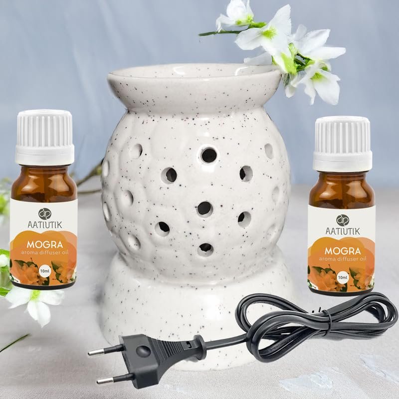 Aatiutik Ceramic Electric Aroma Diffuser | Handcrafted Oil Burner with 2 Aroma Oils | Ideal for Aromatherapy, Relaxation, and Home Decoration (2 Mogra Aroma Oil)