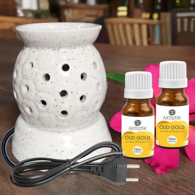 Aatiutik Ceramic Electric Aroma Diffuser | Handcrafted Oil Burner with 2 Aroma Oils | Ideal for Aromatherapy, Relaxation, and Home Decoration (2 Oud Gold Aroma Oil)