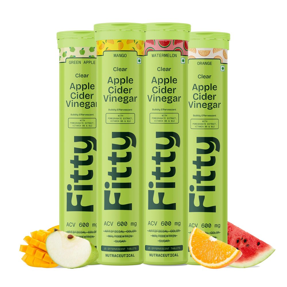 Fitty Apple Cider Vinegar Fizz 600mg | Mix Flavour | With Vitamin B6 & Stevia | Zero Sugar | Pack of 4