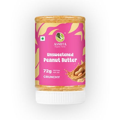 Asmita Organic Farms Crunchy Peanut Butter Unsweetened 325g | Made with Roasted Peanuts | No Added Sugars or Salt | High Protein Spread | Cholesterol & Trans Fat Free | Healthy Breakfast Spread