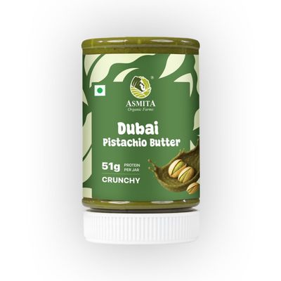 Asmita Organic Farms Dubai Pistachio Butter 250g | Crunchy Pistachios & Puffed Quinoa | High Protein Spread | No Added Sugar, Zero Cholesterol & Trans Fat | Healthy Breakfast, Snack & Dessert Spread