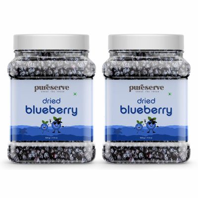 Pureserve Premium Dried Blueberries 1Kg (500g*2) Naturally Sweet & Juicy | Antioxidant-Rich Superfood | No Added Preservatives | Ideal for Snacking, Baking & Smoothies | Jar Pack OF 2