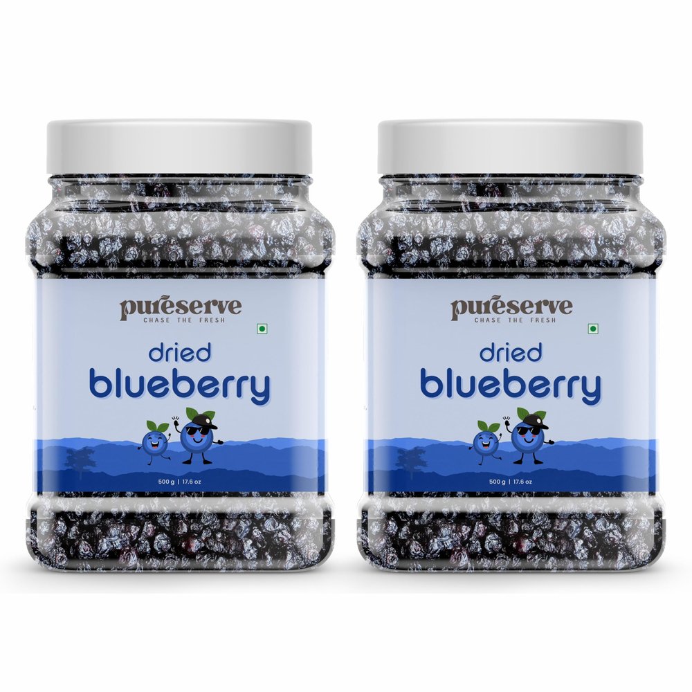 Pureserve Premium Dried Blueberries 1Kg (500g*2)  Naturally Sweet & Juicy | Antioxidant-Rich Superfood | No Added Preservatives | Ideal for Snacking, Baking & Smoothies | Jar Pack OF 2