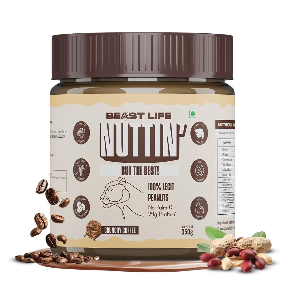 BeastLife Crunchy Coffee Peanut Butter | 24.5 G Protein | 350 gm | 100% Peanuts, High Protein | Zero Palm Oil | NonGMO Nut Butter | Fitness-Friendly Spread | Zero Cholesterol
