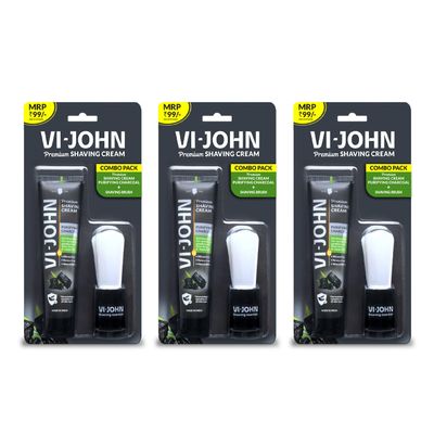 VI-JOHN Dermatologically Tested Purifying Charcoal Premium Shaving Cream With Shaving Brush Enriched With Aloevera & Jojoba Oil From Paraben-70g- Pack of 3