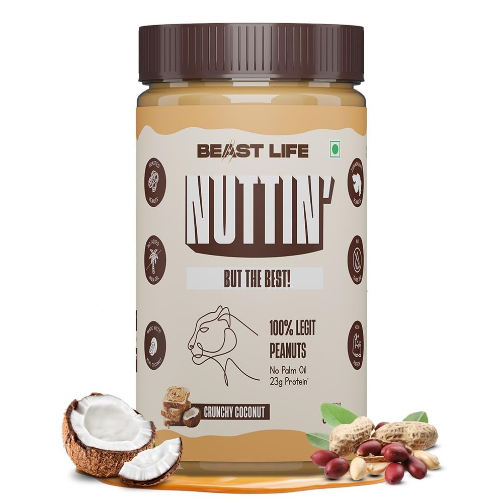 BeastLife Crunchy Coconut Peanut Butter | 24.5 G Protein | 800 gm | 100% Peanuts, High Protein | Zero Palm Oil | NonGMO Nut Butter | Fitness-Friendly Spread | Zero Cholesterol