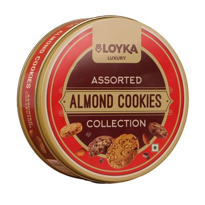 Loyka Assorted Gourmet Dark Chocolate Almond Cookies Whole Wheat Tin Gift Box | 12pcs Atta Cookies without Maida & Palm Oil | Festive Cookie Gift Hamper