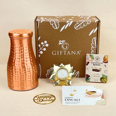 Giftana Diwali Premium Hampers for Family and Friends gifting with diwali card, Copper Water Bottle 1000ml with Box,1pcs Brownie and Metal Diya Gift Set for Employees Clients