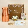 Giftana Diwali Premium Hampers for Family and Friends gifting with diwali card, Copper Water Bottle 1000ml with Box,1pcs Brownie and Metal Diya Gift Set for Employees Clients view 1
