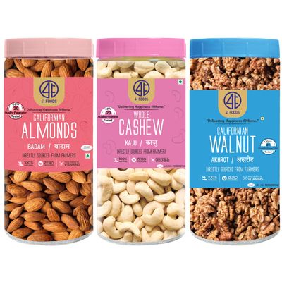 41 Foods Premium Dry Fruits Combo of Almonds Cashews and Walnuts | 600g (200g x 3)