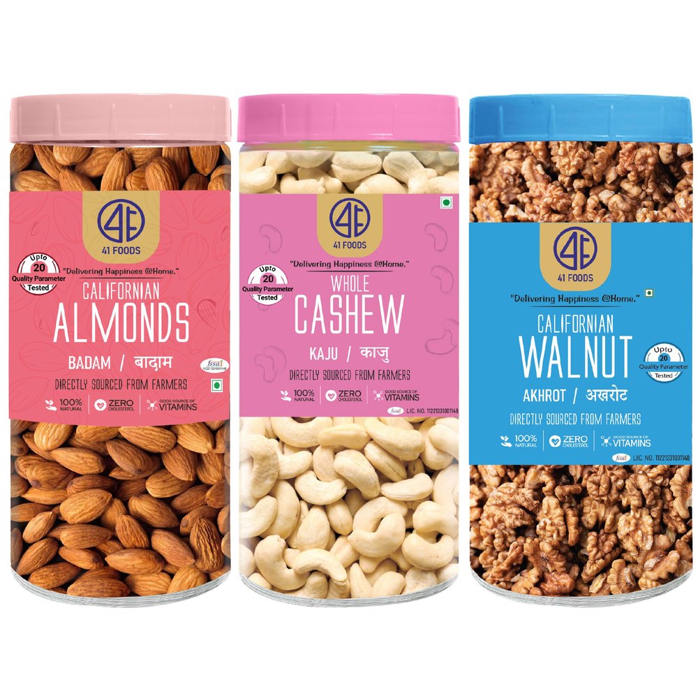 41 Foods Premium Dry Fruits Combo of Almonds Cashews and Walnuts | 600g (200g x 3)