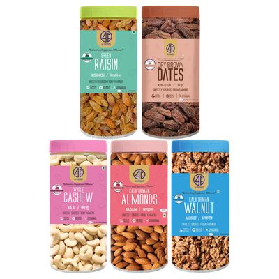 41 Foods Premium Dry Fruits Combo of Almonds Cashews Dry Dates Raisins and Walnuts | 1 KG (200g x 5)