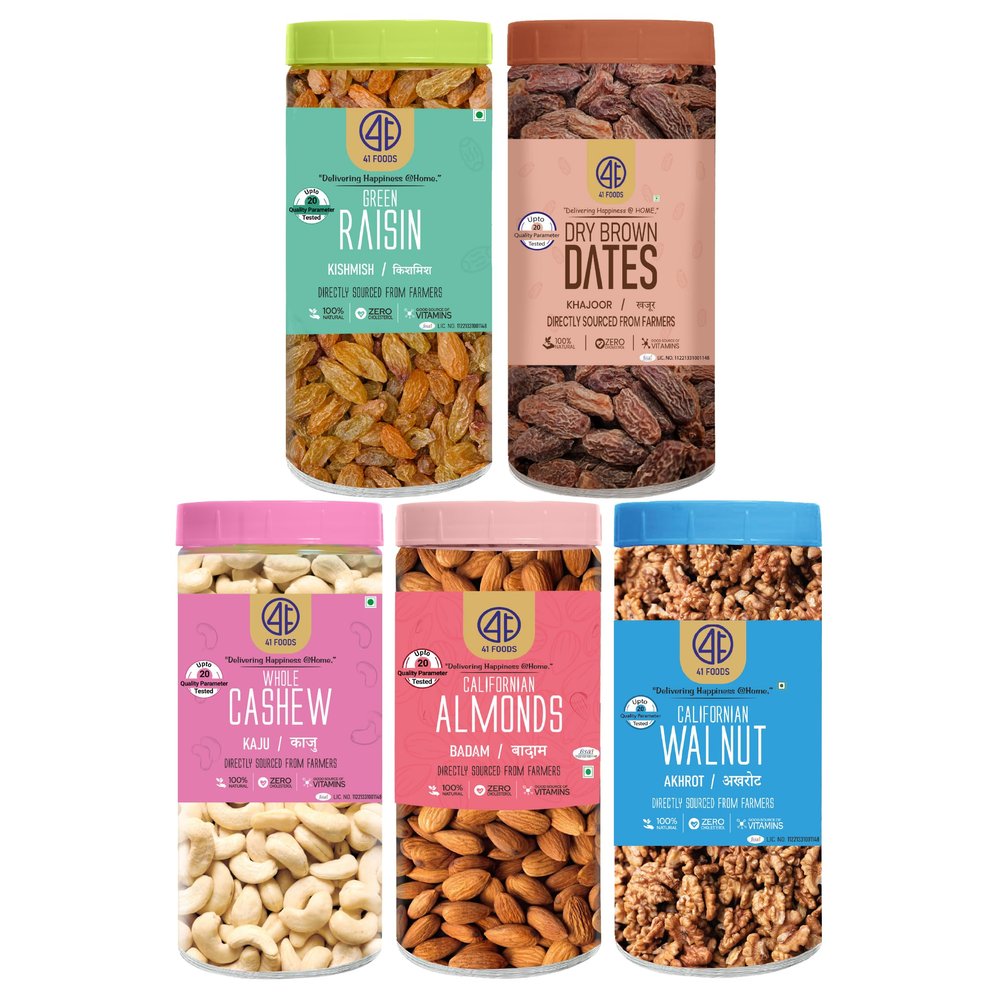 41 Foods Premium Dry Fruits Combo of Almonds Cashews Dry Dates Raisins and Walnuts | 1 KG (200g x 5)