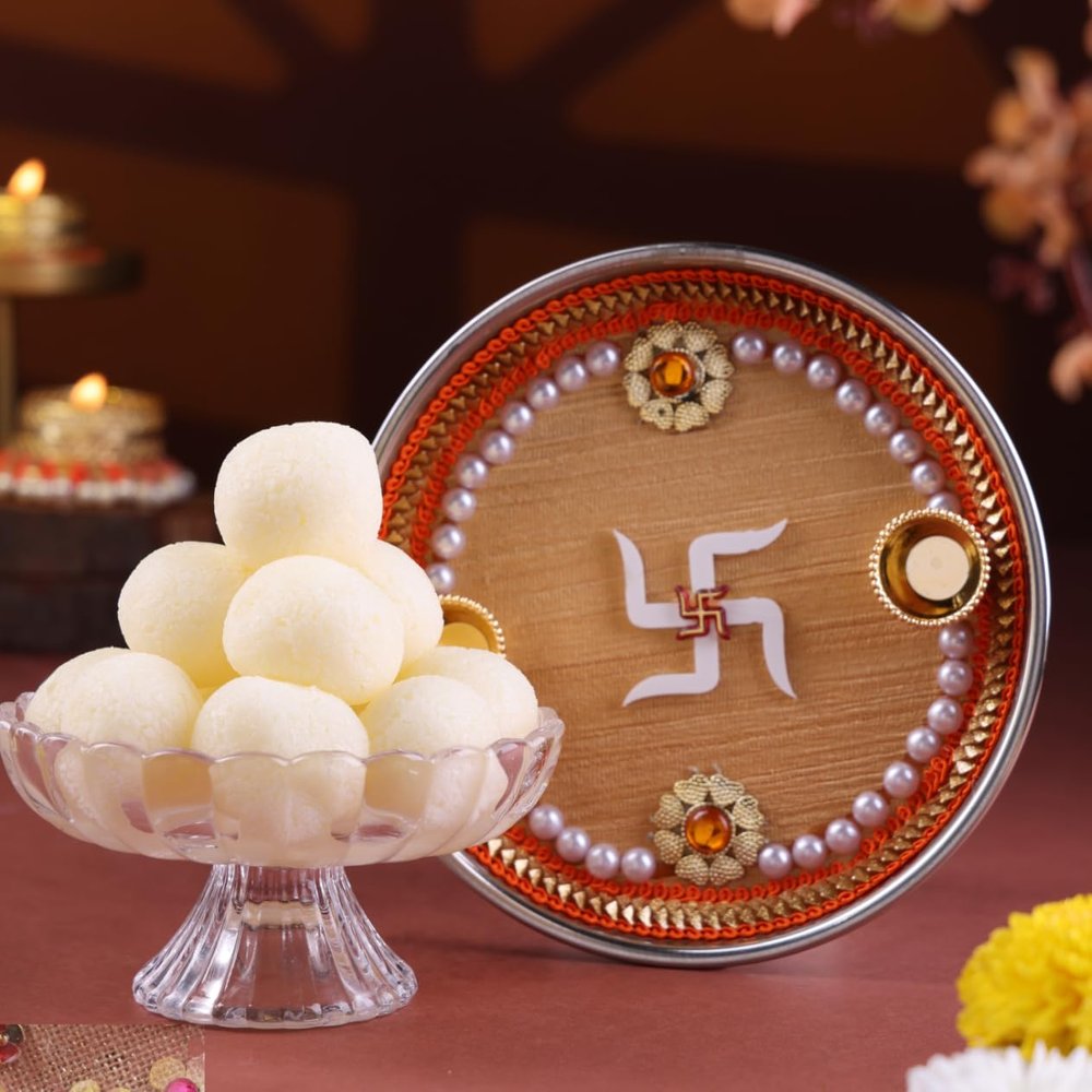 FlowerAura Premium Diwali Gift Box of Swastik Pooja Thali, 500g Gulab Jamun | Corporate Gifting | Tradational Diwali Gift For Relatives & Friends