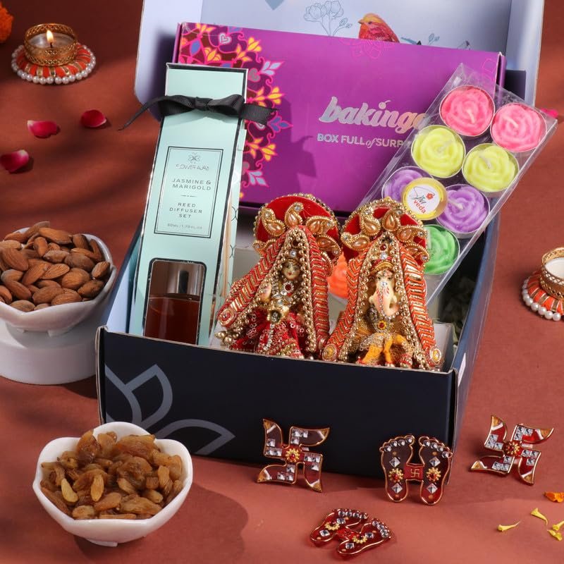 FlowerAura Premium Diwali Gift Box of Laxmi Ganesha Idol, Reed Diffuser, Set Of 12 Tealight Floral Candle, Dry Fruit Box | Corporate Gifting | Tradational Diwali Gift For Relatives & Friends