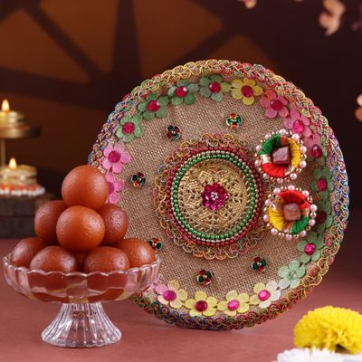 FlowerAura Premium Diwali Gift Box of Elegant Designer Thali, 500g Gulab Jamun | Corporate Gifting | Tradational Diwali Gift For Relatives & Friends
