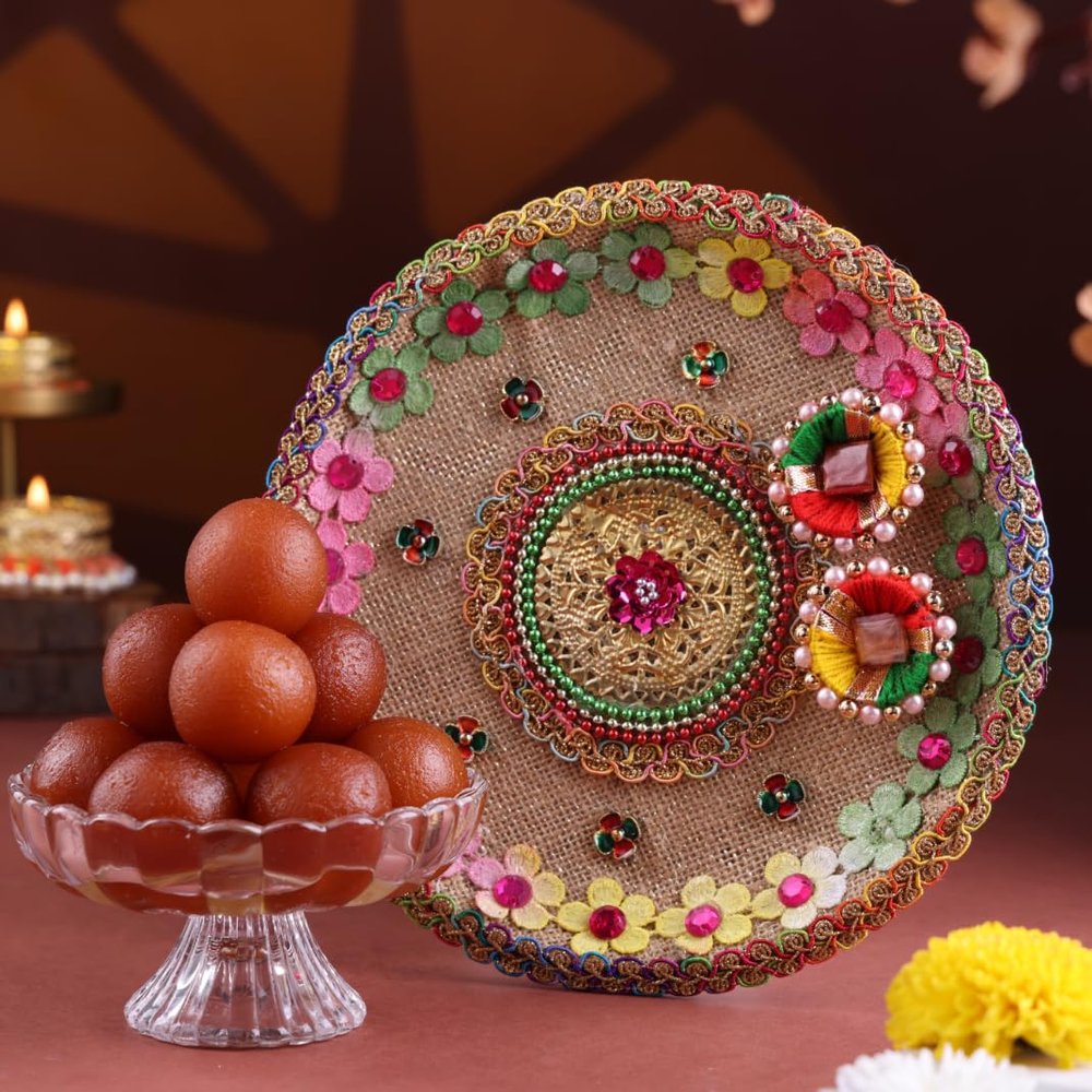 FlowerAura Premium Diwali Gift Box of Elegant Designer Thali, 500g Gulab Jamun | Corporate Gifting | Tradational Diwali Gift For Relatives & Friends