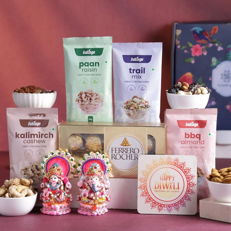 FlowerAura Premium Diwali Gift Box of Laxmi Ganesh Idol, Choco Balls, BBQ Almonds, Kalimirch Cashew, Paan Raisin, Trail Mix, Fridge Magnet | Corporate Gifting | Diwali Gift For Relatives & Friends