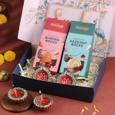 FlowerAura Premium Diwali Gift Box of Almonds Rock, Hazelnut Riocks, Set of 4 Terracotta Diyas | Corporate Gifting | Tradational Diwali Gift For Relatives & Friends (Same Day Delivery)
