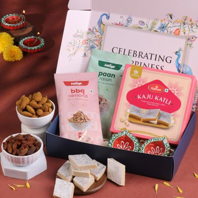 FlowerAura Premium Diwali Gift Box of Kaju Katli, BBQ Almond, Paan Raisin, 2 Teracotta Diya | Corporate Gifting | Tradational Diwali Gift For Relatives & Friends (Same Day Delivery)