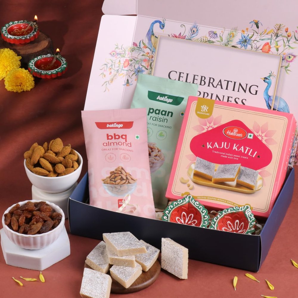 FlowerAura Premium Diwali Gift Box of Kaju Katli, BBQ Almond, Paan Raisin, 2 Teracotta Diya | Corporate Gifting | Tradational Diwali Gift For Relatives & Friends (Same Day Delivery)