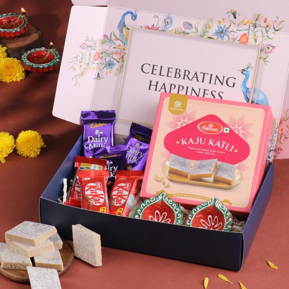 FlowerAura Premium Diwali Gift Box of Kaju Katli, 8 Chocolates, 2 Terracotta Diyas | Corporate Gifting | Tradational Diwali Gift For Relatives & Friends (Same Day Delivery)
