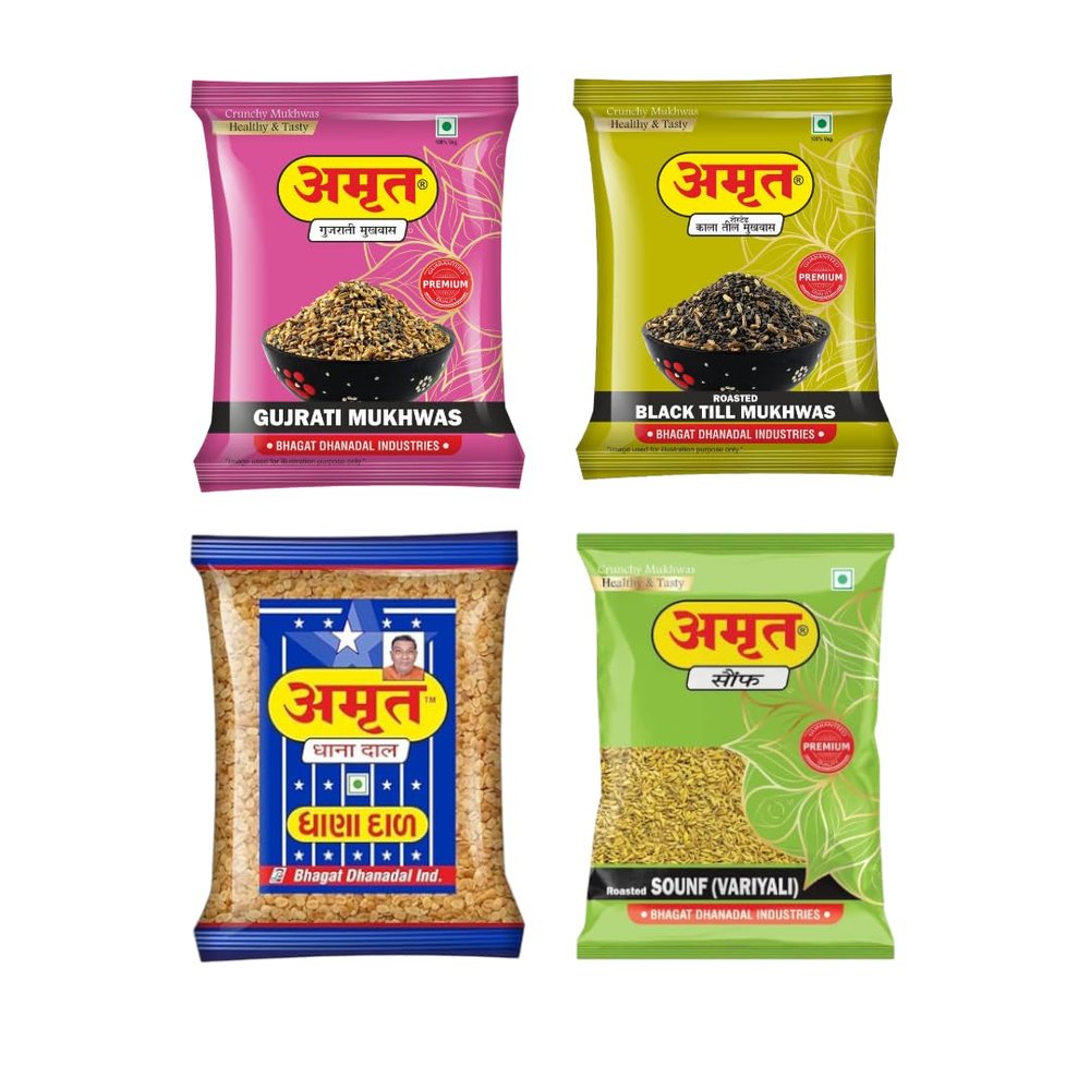 AMRUT Mukhwas Combo Pack  Gujrati, Black Till, Dhanadal & Roasted Saunf (200g Each) | Crunchy Traditional Indian Digestive Mouth Freshener | Ready-to-Eat | Pack of 4  800g Total