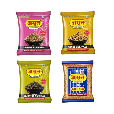 AMRUT Mukhwas Combo Pack  Gujrati, Gotli, Black Till & Dhanadal (200g Each) | Crunchy Traditional Indian Digestive Mouth Freshener | Ready-to-Eat After-Meal Snack | Pack of 4  800g Total