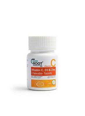 Chemsroot Vitamin C, D3 & Zinc Chewable Tablets, Orange Flavour, 500mg, 30 Tablets, Sugar Free