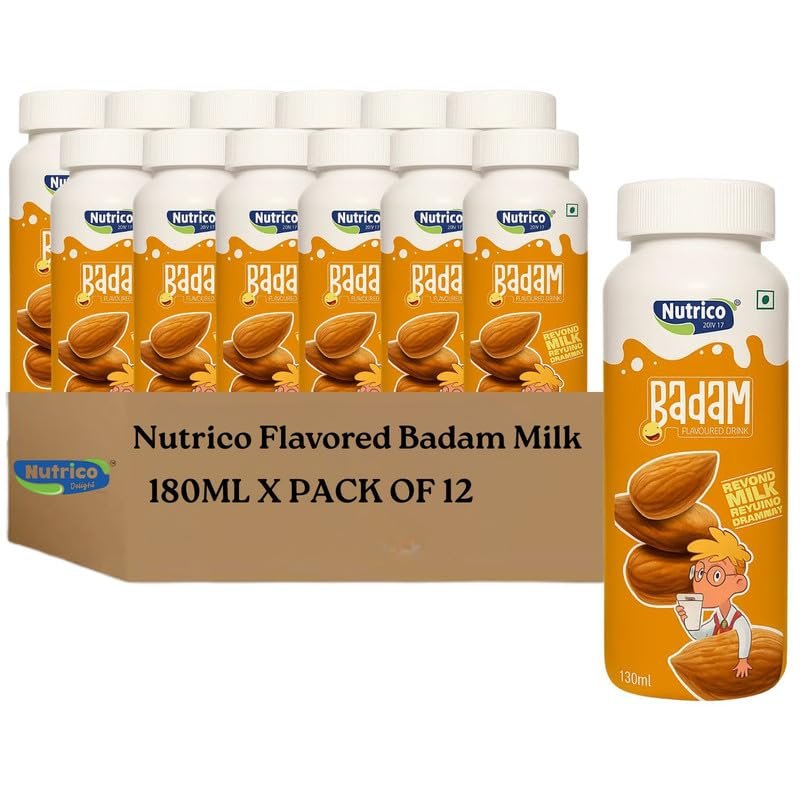 Nutrico Delight Badam Drink 180ml x Pack of 12 | Rich & Nutty Almond Shake | High Protein & Calcium | With Oats & Millets | Low Sugar | No Preservatives