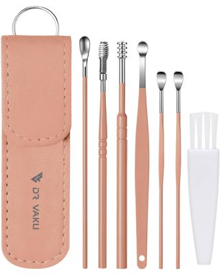 Dr Vaku Reusable EarWax Removal Cleaning Tool Kit (Set of 7) Stainless Steel With Storage Case Ear Pick Scoop Curette Cleaner And Spring Buds Safe Easy & Hygienic- Pink