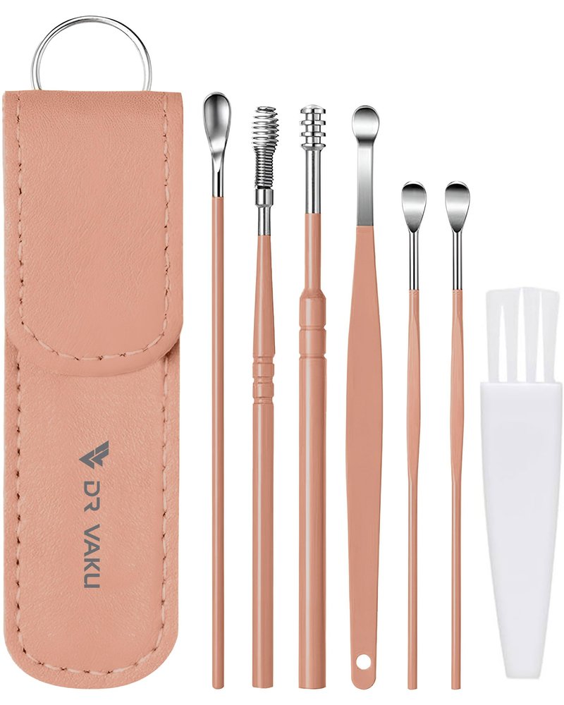 Dr Vaku Reusable EarWax Removal Cleaning Tool Kit (Set of 7) Stainless Steel With Storage Case Ear Pick Scoop Curette Cleaner And Spring Buds Safe Easy & Hygienic- Pink
