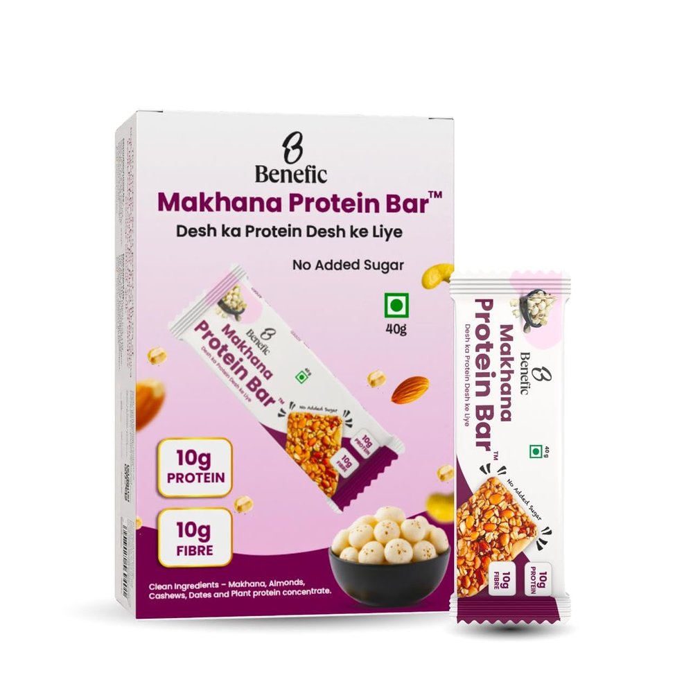 Benefic Nutrition - Makhana Protein Bar 40g Each (Pack of 8) | Plant-Based Protein Snack | 10g Protein, 10g Fiber|No Added Sugar | Healthy Anytime Snack