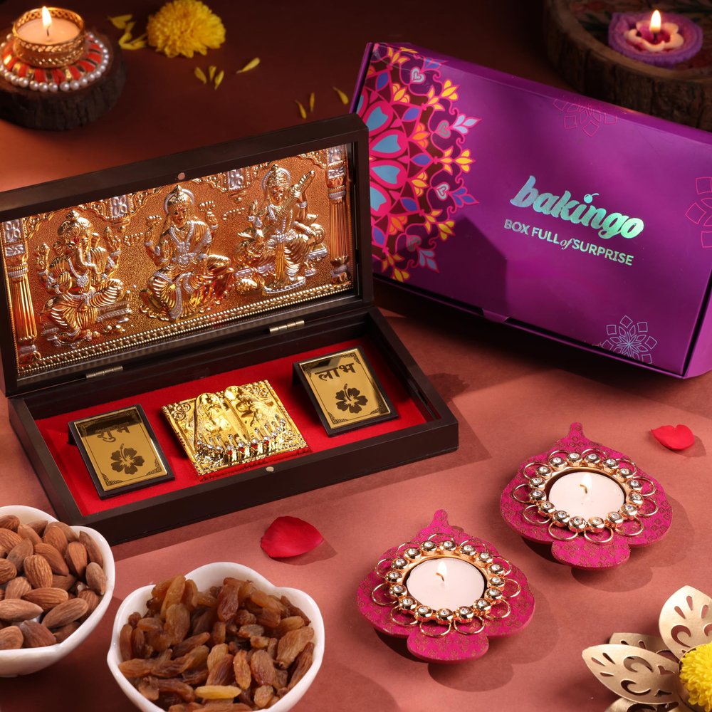 FlowerAura Premium Diwali Gift Box of Gold Plated Laxmi Ganesha Saraswati Charan Paduka Box, Dry Fruit Box, Set of 2 Designer Diya | Corporate Gifting | Tradational Diwali Gift For Relatives & Friends