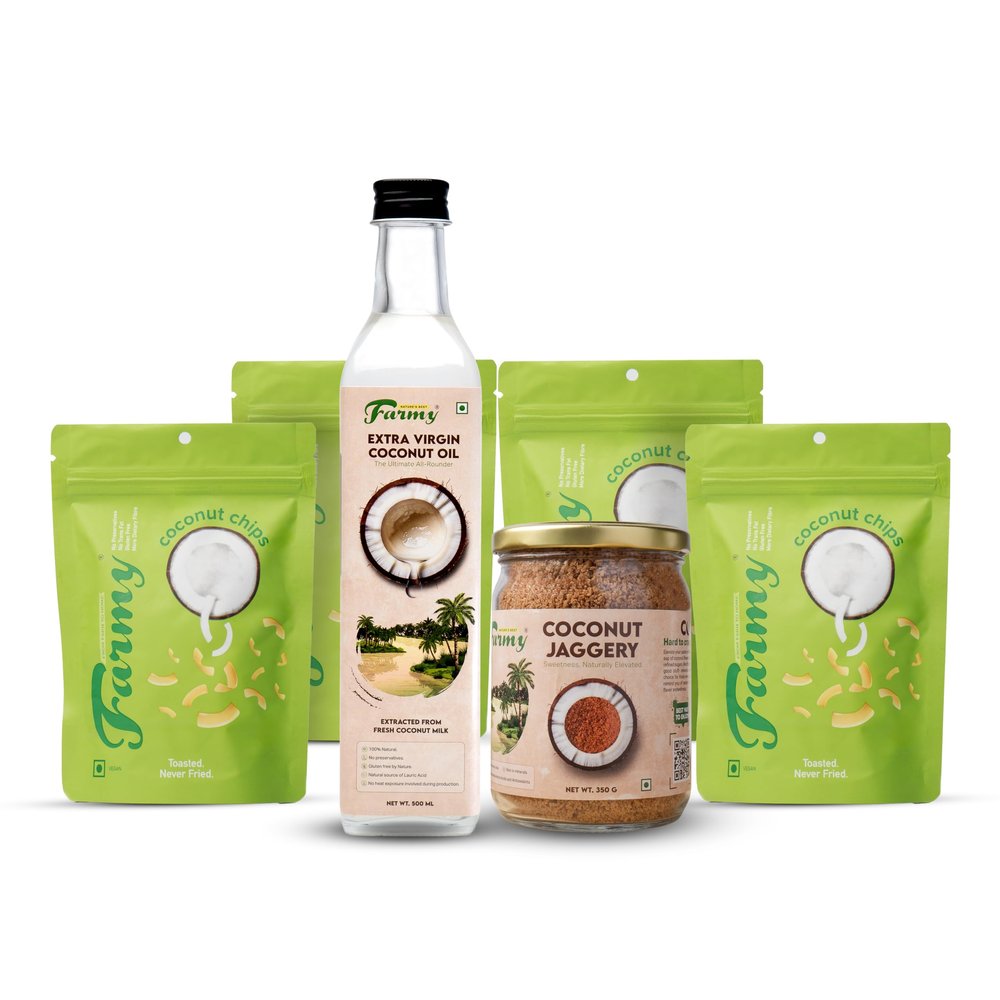 Farmy Coconut Wellness Trio | Coconut Chips, Jaggery Sugar & Extra Virgin Coconut Oil | Healthy Gift Set for Celebrations & Festivals