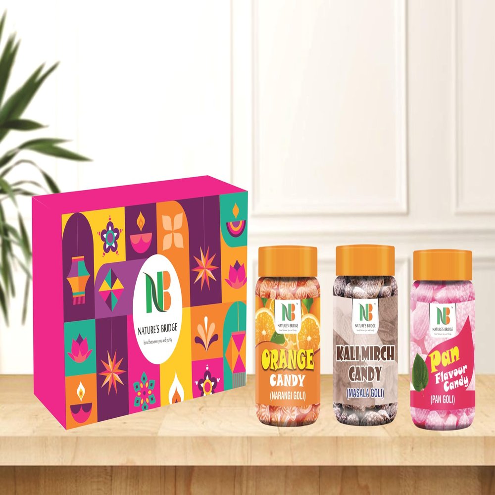 Nature's Bridge Sweet Hard Candy (Orange, Pan, Kalimirch Masala Flavour Candy) Gift Combo Pack - 200 Gm x 3 Jar | Box Hamper Pack
