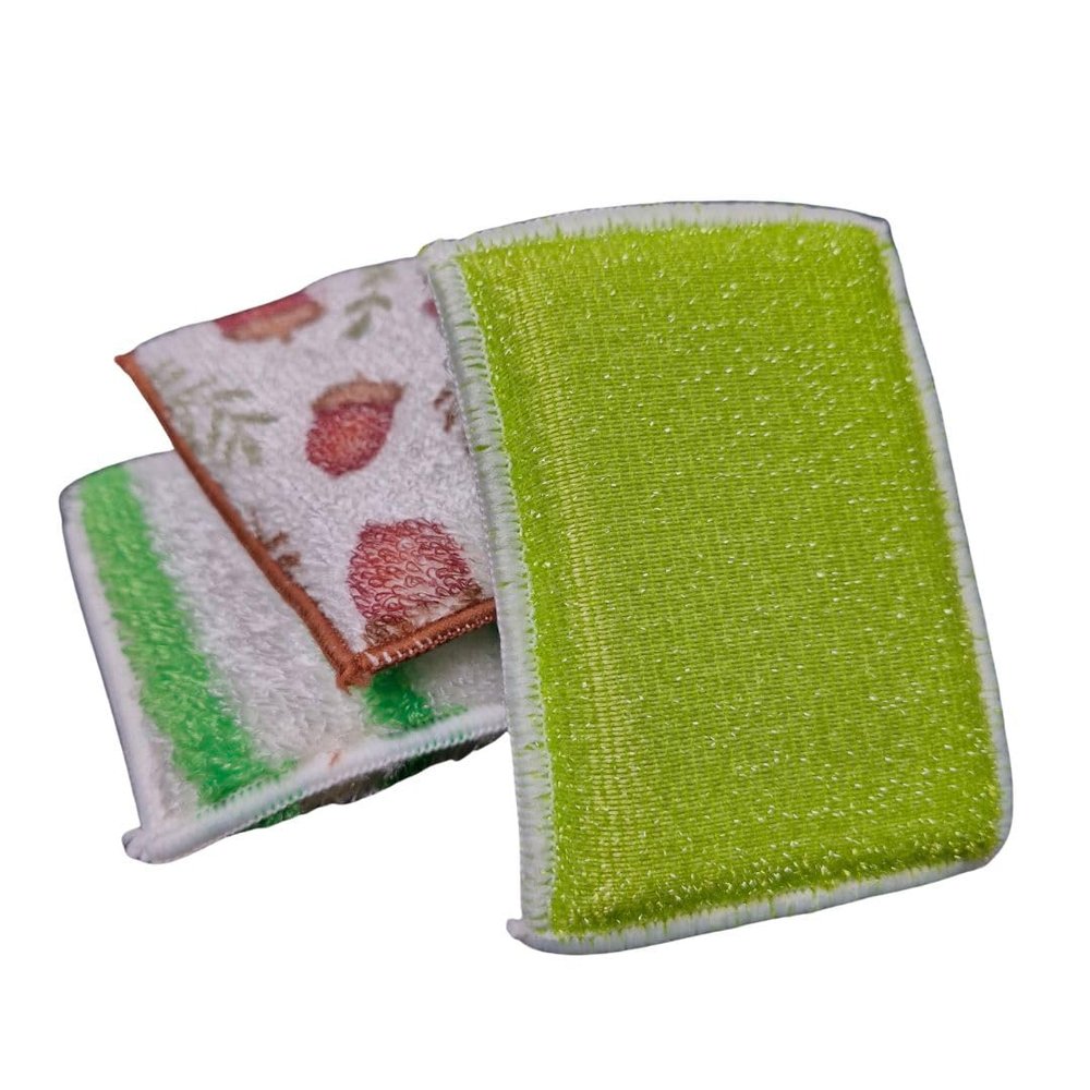 ECO SHINE Printed, Non-Printed & PET Bamboo Sponge, Plant-Based, Eco-Friendly, Antimicrobial, Anti-Odour, Reusable & Biodegradable Kitchen Sponges for Dishes, Utensils, Pots - Multi-Color Set of 3